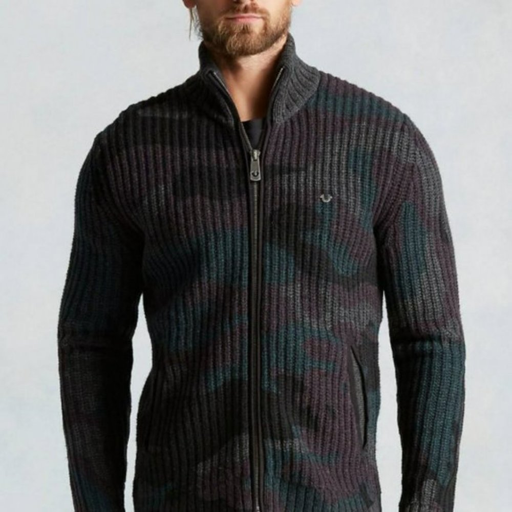 True Religion Funnel Neck Camo Sweater - Multicolor Wool blend Cardigan - Size L